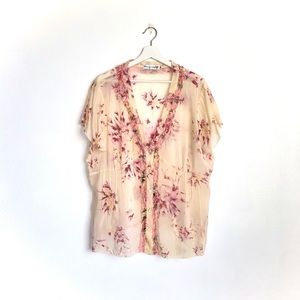 Johnny Was Cream / Pink Floral Semi-Sheer Ruffle Button Up Blouse Top Size Small